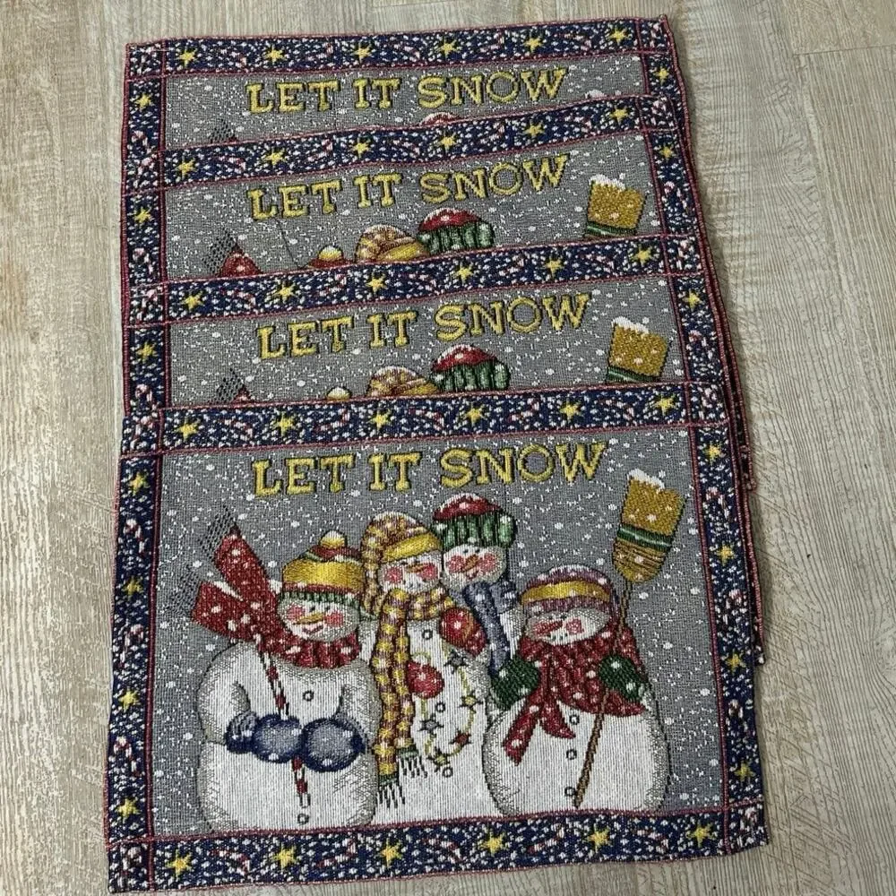 Let It Snow Snowman Woven Tapestry Christmas Placemats Set of 4 Holiday Novelty